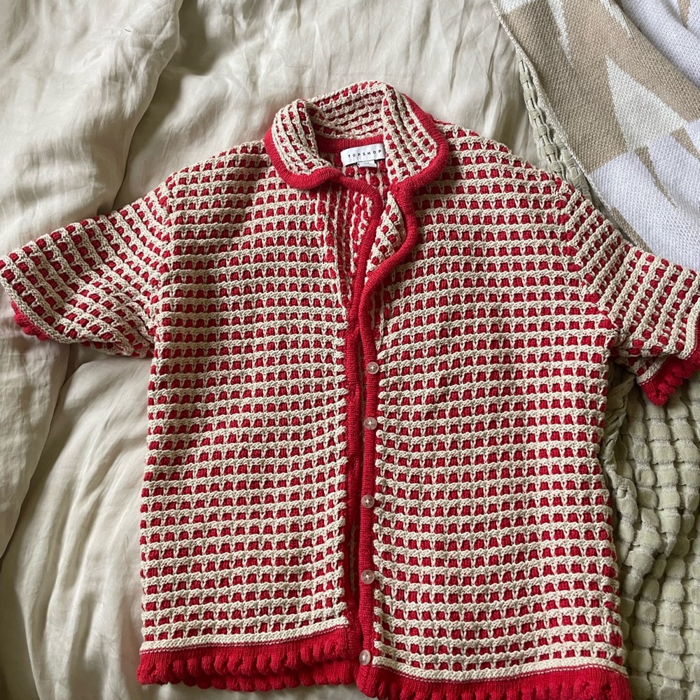 Top Shop Red and White Button-Up Short Sleeve Sweater